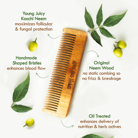 Nat Habit Kacchi Neem Wooden Comb - Soaked In 17 Herbs, Neem & Sesame Oil - Pocket-Sized For Voluminous Hair, Men & Kids Short Hair, Combo (Bouse Comb, Pocket Fine & Dual Tooth)