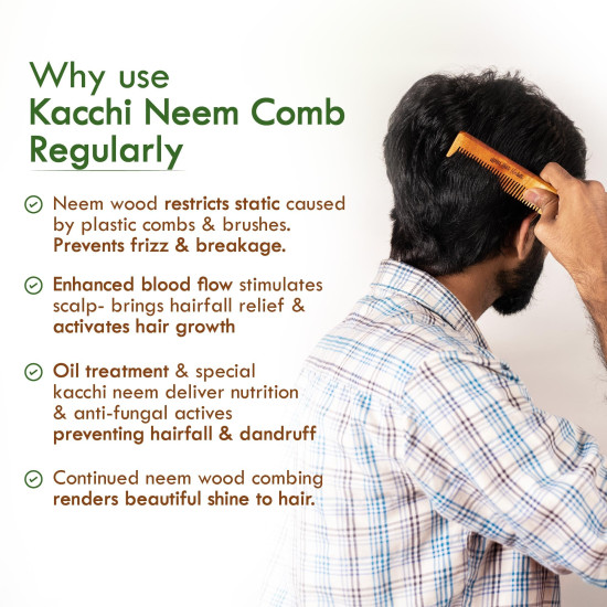 Nat Habit Kacchi Neem Wooden Comb - Soaked In 17 Herbs, Neem & Sesame Oil - Pocket-Sized For Voluminous Hair, Men & Kids Short Hair, Combo (Bouse Comb, Pocket Fine & Dual Tooth)