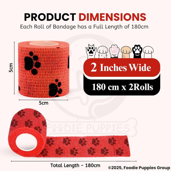 Foodie Puppies 2-Inch Self-Adhesive Kinesiology Pet Bandages - (2 Rolls, Small, 1.8M Each) | Waterproof, Elastic, Breathable Wrap for Dogs, Cats, and Humans | Wound Care, First Aid, Injury Recovery