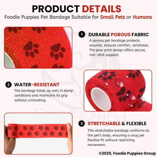Foodie Puppies 2-Inch Self-Adhesive Kinesiology Pet Bandages - (2 Rolls, Small, 1.8M Each) | Waterproof, Elastic, Breathable Wrap for Dogs, Cats, and Humans | Wound Care, First Aid, Injury Recovery