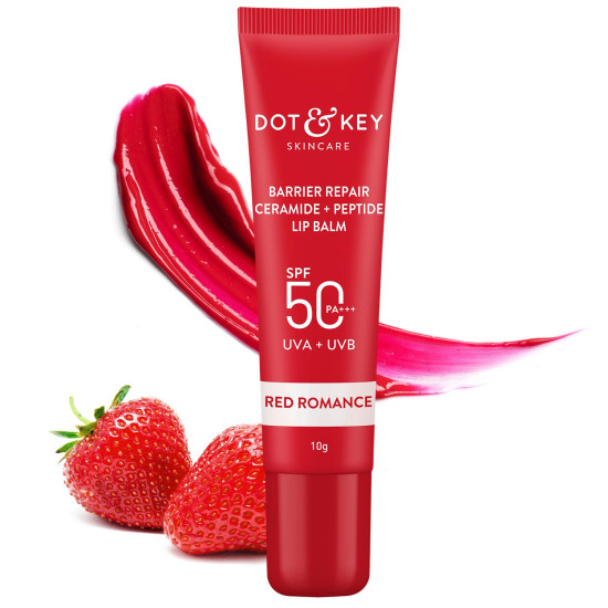 DOT & KEY Dot&Key Ceramide&Peptide Barrier Repair Lip Balm Spf 50,Pa+++|Red Romance|Uva/Uvb Lip Protection|Soft Tinted Lip Moisturizer|Boosts Collagen&Instantly Plumps Lip|Lip Balm For Women|10Gm