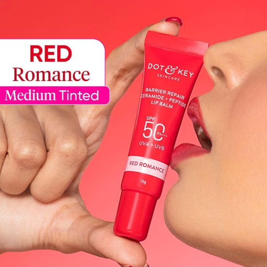 DOT & KEY Dot&Key Ceramide&Peptide Barrier Repair Lip Balm Spf 50,Pa+++|Red Romance|Uva/Uvb Lip Protection|Soft Tinted Lip Moisturizer|Boosts Collagen&Instantly Plumps Lip|Lip Balm For Women|10Gm