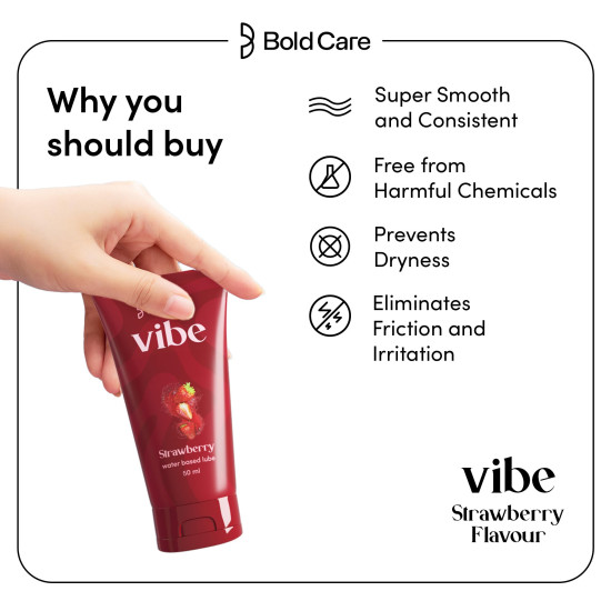 Bold Care Vibe Strawberry - Personal Lubricant for Men and Women - Premium Strawberry Flavour - Water Based Lube - Skin Friendly, Silicone and Paraben Free - No Side Effects - 50 ml