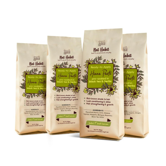 Nat Habit Henna Paste, Pre-Soaked in Black Tea and Herbs, 100% Natural Rajasthani Henna - (Pack of 4 x 220g)