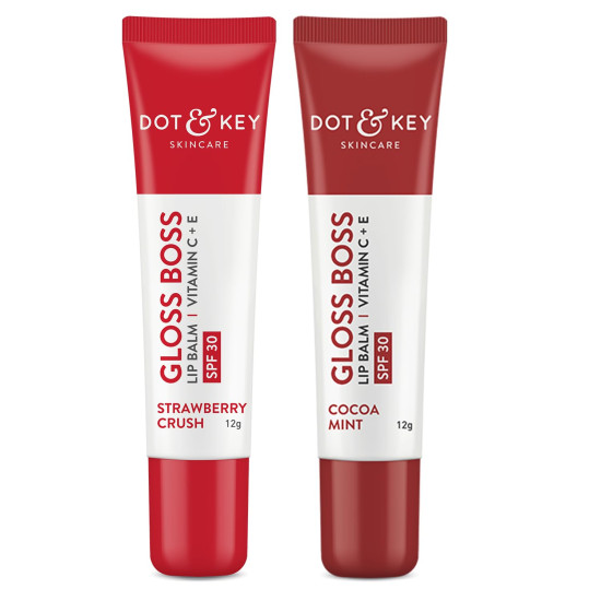 Dot & Key Gloss Boss Lip Duo | Strawberry Crush SPF 30 Lip Balm 12gm & Cocoa Mint SPF 30 Lip Balm 12gm | Sun Protected Tinted Lip Balm for Women | Fades Pigmentation | Moisturizes Dry & Flaky Lips