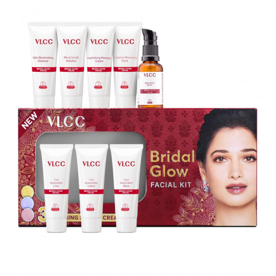 VLCC Bridal Glow Facial Kit - 49g, With Hyaluronic Acid, Niacinamide & Vitamin C. At home facial with 3 Illuminator Strobe Creams - Gold Strobe Cream. Lilac Strobe Cream. Rose Strobe Cream