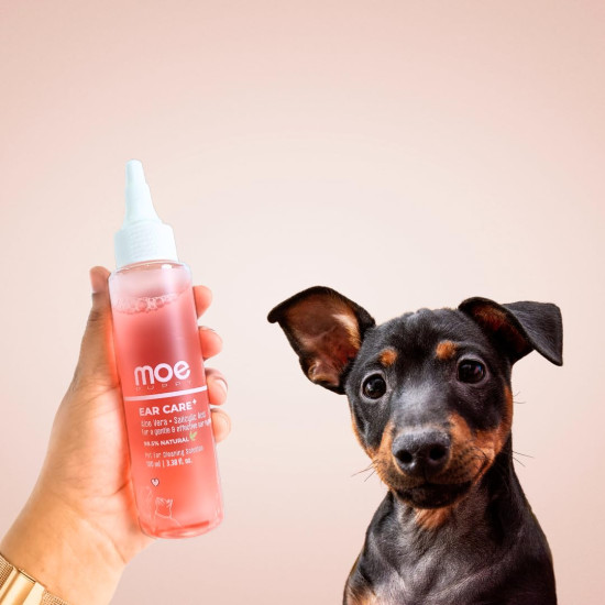 Moe Puppy Ear Care+ | Ear Cleaning Solution for Dogs and Cats | Prevents Infections, Soothes Itching, Removes Wax, Eliminates Ear Odour | Non-Irritating Dog Ear Cleanser | 100ml