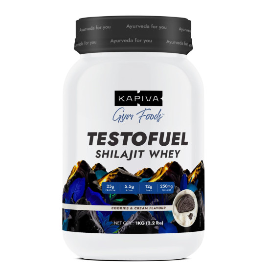 Kapiva Testofuel Shilajit Whey Protein| 25g Protein | 250mg Shilajit | 5.5g BCAA | Cookies & Cream | Faster Absorption | Digezyme blend | WADA Compliant | 1Kg/ 2.2lb