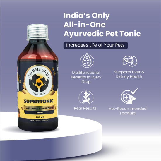 FUR BALL STORY Supertonic Multivitamin Syrup for Dogs & Cats | Pet Immunity & Energy Booster Supplement | Supports Liver, Kidney & Overall Health | with Moringa, Ashwagandha & 10+ Superfoods 200ml