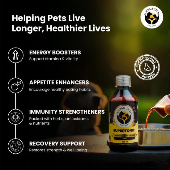 FUR BALL STORY Supertonic Multivitamin Syrup for Dogs & Cats | Pet Immunity & Energy Booster Supplement | Supports Liver, Kidney & Overall Health | with Moringa, Ashwagandha & 10+ Superfoods 200ml
