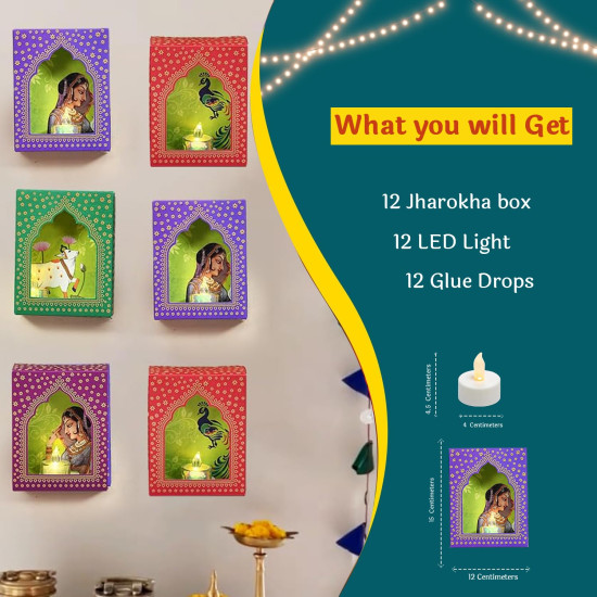 LED Jharokha Diyas Set of 12 Diwali Decoration Items with Candle, Home Decor Items Festive Decor Item, DIY Craft Traditional Jharokha Box for Hanging (Pack of 12)