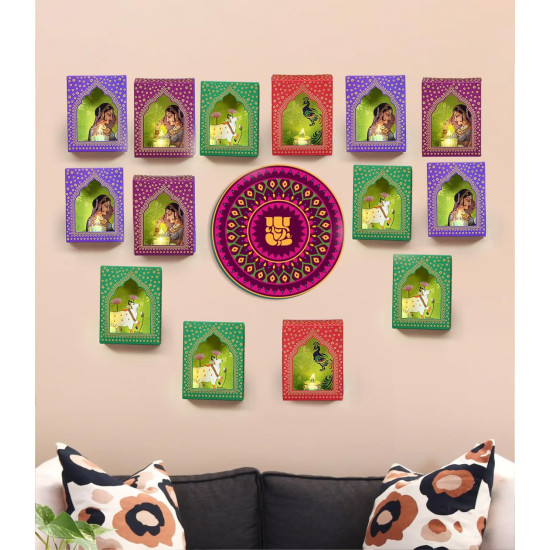 LED Jharokha Diyas Set of 12 Diwali Decoration Items with Candle, Home Decor Items Festive Decor Item, DIY Craft Traditional Jharokha Box for Hanging (Pack of 12)