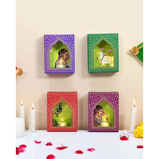 LED Jharokha Diyas Set of 12 Diwali Decoration Items with Candle, Home Decor Items Festive Decor Item, DIY Craft Traditional Jharokha Box for Hanging (Pack of 12)