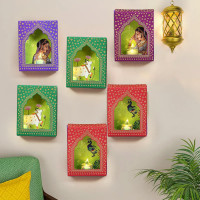 CraftVatika Jharokha Diyas with LED Candle Diwali Decoration Items, Wall Hanging, Home Decor Items Festive Decor Item, DIY Craft Traditional Jharokha Box Set of 6