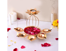 CraftVatika Metal Lotus Tealight Candle Holder for Diwali Decoration Items with Base of Urli Bowl and Diya - Gold (Height 18.5 CM), Diwali Gift Items