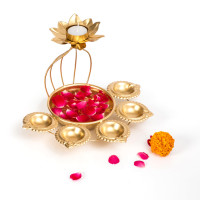 CraftVatika Metal Lotus Tealight Candle Holder for Diwali Decoration Items with Base of Urli Bowl and Diya - Gold (Height 18.5 CM), Diwali Gift Items