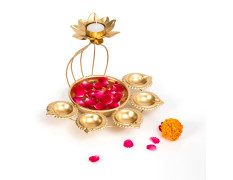 CraftVatika Metal Lotus Tealight Candle Holder for Diwali Decoration Items with Base of Urli Bowl and Diya - Gold (Height 18.5 CM), Diwali Gift Items