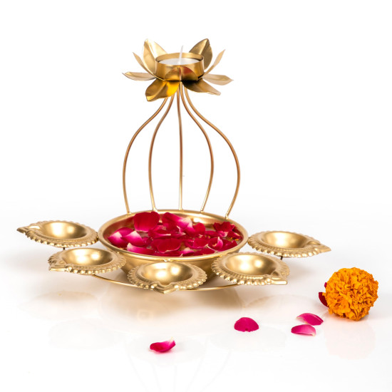 CraftVatika Metal Lotus Tealight Candle Holder for Diwali Decoration Items with Base of Urli Bowl and Diya - Gold (Height 18.5 CM), Diwali Gift Items