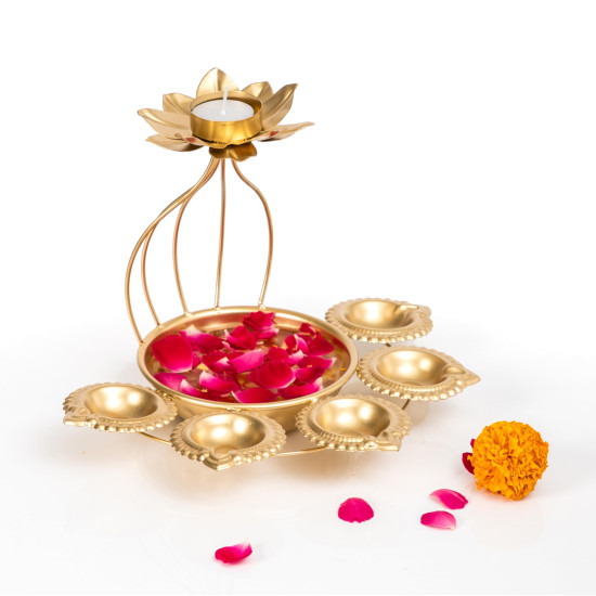 CraftVatika Metal Lotus Tealight Candle Holder for Diwali Decoration Items with Base of Urli Bowl and Diya - Gold (Height 18.5 CM), Diwali Gift Items