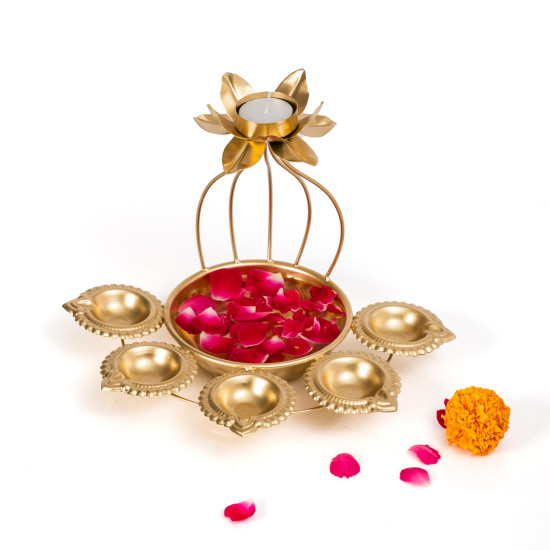 CraftVatika Metal Lotus Tealight Candle Holder for Diwali Decoration Items with Base of Urli Bowl and Diya - Gold (Height 18.5 CM), Diwali Gift Items