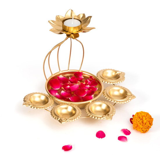CraftVatika Metal Lotus Tealight Candle Holder for Diwali Decoration Items with Base of Urli Bowl and Diya - Gold (Height 18.5 CM), Diwali Gift Items