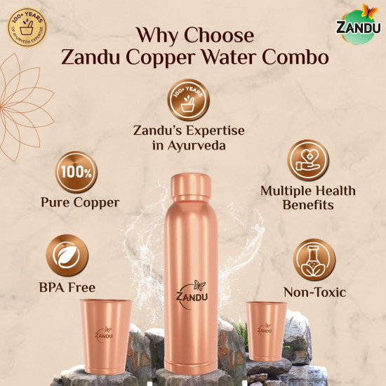 Zandu Copper Gift Set Pack (1 Bottle & 2 Tumbler): Made with 100% Pure Copper |Supports Digestive & Liver Health | Helps Enhance Immunity| Useful in Promoting Overall Health (Pack of 950ml & 2x300ml)