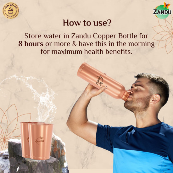 Zandu Copper Gift Set Pack (1 Bottle & 2 Tumbler): Made with 100% Pure Copper |Supports Digestive & Liver Health | Helps Enhance Immunity| Useful in Promoting Overall Health (Pack of 950ml & 2x300ml)