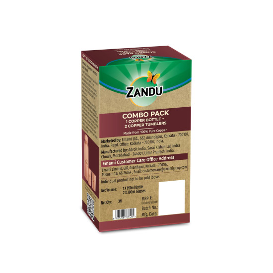 Zandu Copper Gift Set Pack (1 Bottle & 2 Tumbler): Made with 100% Pure Copper |Supports Digestive & Liver Health | Helps Enhance Immunity| Useful in Promoting Overall Health (Pack of 950ml & 2x300ml)