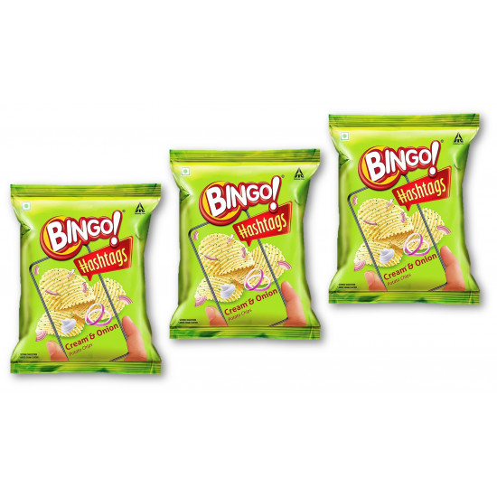 Bingo Hashtags Cream & Onion Potato Chips 22.5g Pack of 3 (Unique)