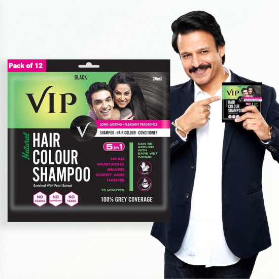 VIP HAIR COLOUR SHAMPOO Gel Shampoo- Black | Ammonia Free Hair Colour For Men And Women | 20Ml (Pack Of 12)