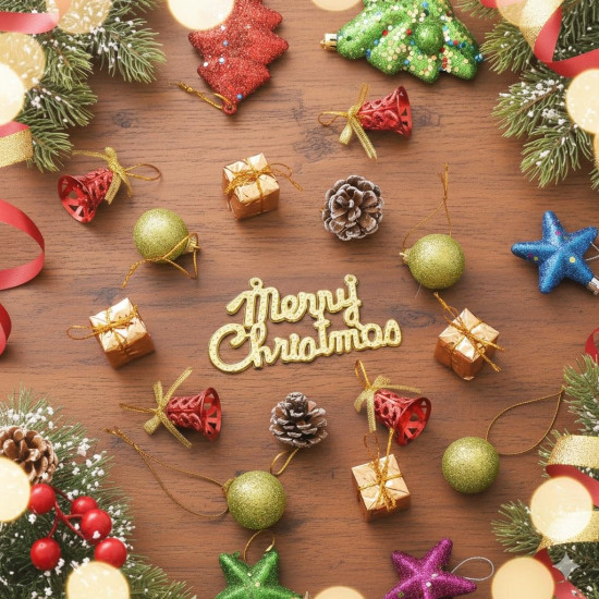 eCraftIndia Christmas Tree Decoration Items Merry Xmas Cutout Flowers Gifts Bells Balls (Pack of 15) Hanging Ornaments Props Christmas Decorations for Home Office