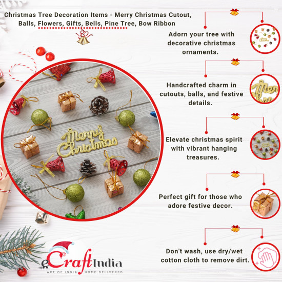 eCraftIndia Christmas Tree Decoration Items Merry Xmas Cutout Flowers Gifts Bells Balls (Pack of 15) Hanging Ornaments Props Christmas Decorations for Home Office
