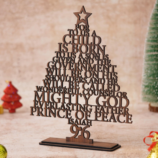 eCraftIndia Brown Wooden Isaiah 9:6 Christmas Tree for Table Home Living Room Office | Xmas Gifts Ornaments Props | Merry Christmas Decorations Items for Home