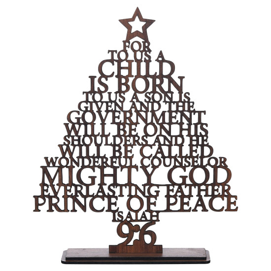 eCraftIndia Brown Wooden Isaiah 9:6 Christmas Tree for Table Home Living Room Office | Xmas Gifts Ornaments Props | Merry Christmas Decorations Items for Home