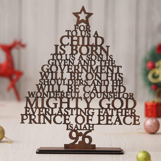eCraftIndia Brown Wooden Isaiah 9:6 Christmas Tree for Table Home Living Room Office | Xmas Gifts Ornaments Props | Merry Christmas Decorations Items for Home