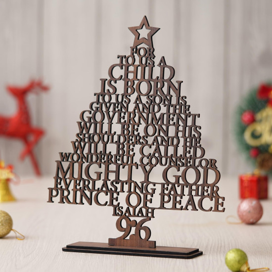 eCraftIndia Brown Wooden Isaiah 9:6 Christmas Tree for Table Home Living Room Office | Xmas Gifts Ornaments Props | Merry Christmas Decorations Items for Home