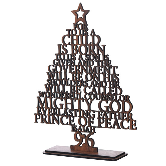 eCraftIndia Brown Wooden Isaiah 9:6 Christmas Tree for Table Home Living Room Office | Xmas Gifts Ornaments Props | Merry Christmas Decorations Items for Home