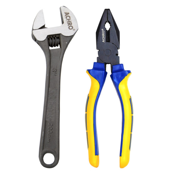 ACHRO Combo Pack Of 2 Contains 8 Inch adjustable Wrench and 8 Inch Combination Plier (Multipurpose Tool Kit)