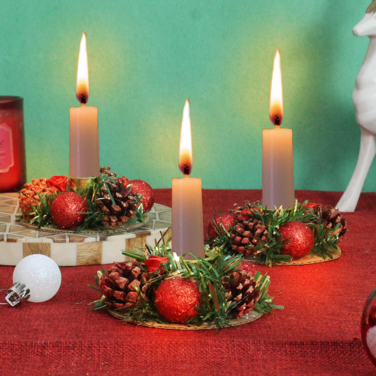 TIED RIBBONS Set of 3 Candle Holder Stand for Dining Table Indoor Outdoor Decoration Xmas Decor (Multi, 8.8 cm) - Christmas Decorations Items for Home Office Church Gifts Church Gifting