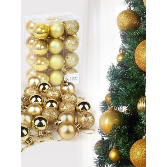 TIED RIBBONS Pack of 24 Christmas Tree Decoration Items Balls Hanging Ornaments Props Xmas Accessories (Plastic, Golden, 3.8 cm) - Christmas Decorations Items for Home Decor Office Church