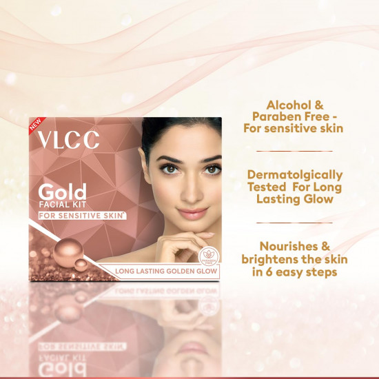 VLCC Gold Facial Kit for Sensitive Skin - 60g | Gold Facial For Sensitive Skin | Alcohol & Paraben Free | Safe For Sensitive Skin | 24K Gold, Hyaluronic Acid & Vitamin C