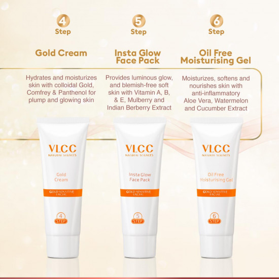 VLCC Gold Facial Kit for Sensitive Skin - 60g | Gold Facial For Sensitive Skin | Alcohol & Paraben Free | Safe For Sensitive Skin | 24K Gold, Hyaluronic Acid & Vitamin C