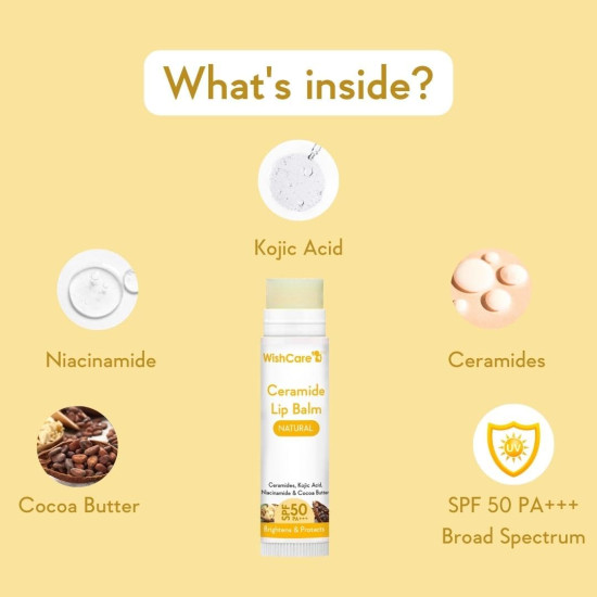 WishCare Ceramide Lip Balm with SPF 50 PA+++ | Brightening Lip Balm for Dark Lips | Kojic Acid & Niacinamide | For Women | Natural & Untinted | 5g WishCare Ceramide Lip Balm with SPF 50 PA+++ | Brightening Lip Balm for Dark Lips | Kojic Acid & Niacinamide | For Women | Natural & Untinted | 5g