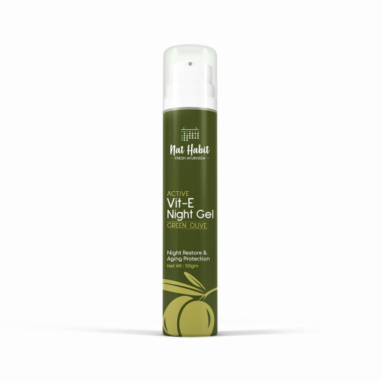 Nat Habit Active Face Gel, Olive Vit-E For Night Restore & Aging Protection With Cooling, Soothing, Sun Burn Healing & UV Protection, Suitable For All Skin Types, 50gm