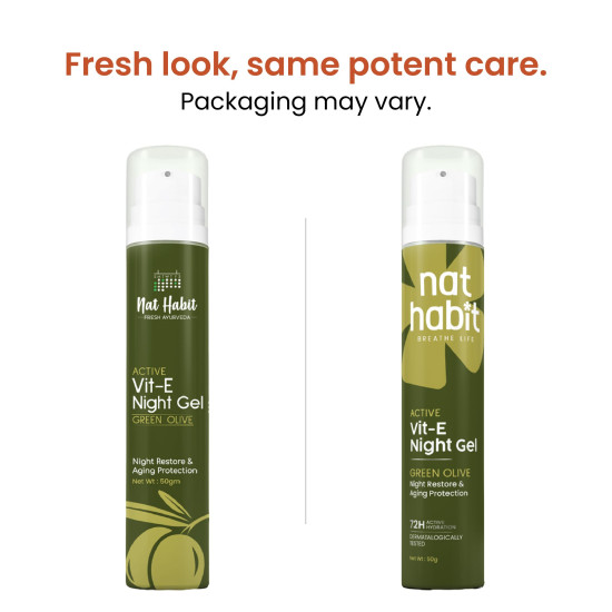 Nat Habit Active Face Gel, Olive Vit-E For Night Restore & Aging Protection With Cooling, Soothing, Sun Burn Healing & UV Protection, Suitable For All Skin Types, 50gm