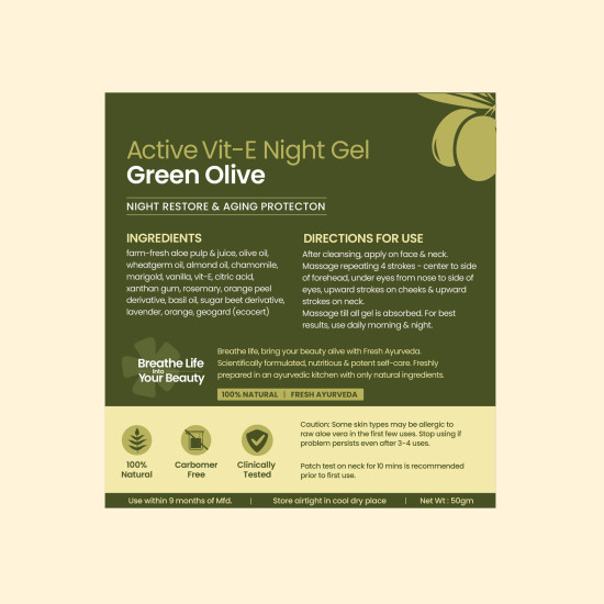Nat Habit Active Face Gel, Olive Vit-E For Night Restore & Aging Protection With Cooling, Soothing, Sun Burn Healing & UV Protection, Suitable For All Skin Types, 50gm