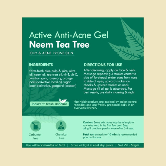 Nat Habit Active Face Gel, Anti-Acne Neem Tea-Tree For Oily & Acne Prone Skin With Vit-E, Vit C, Cooling, Soothing, SunBurn Healing & UV Protection, 50gm