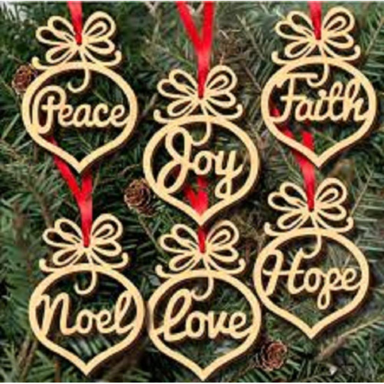 eCraftIndia Christmas Hanging Ornaments Wooden Cutouts Faith Joy Hope Love Peace Noel, Set of 6 | Christmas Tree Decoration Items | Xmas Decorations Items Props for Home Office Church