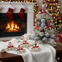 eCraftIndia Christmas Hanging Ornaments Wooden Cutouts Faith Joy Hope Love Peace Noel, Set of 6 | Christmas Tree Decoration Items | Xmas Decorations Items Props for Home Office Church