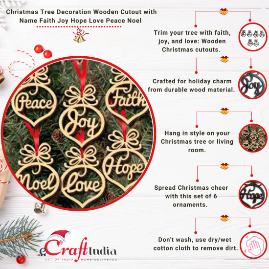 eCraftIndia Christmas Hanging Ornaments Wooden Cutouts Faith Joy Hope Love Peace Noel, Set of 6 | Christmas Tree Decoration Items | Xmas Decorations Items Props for Home Office Church